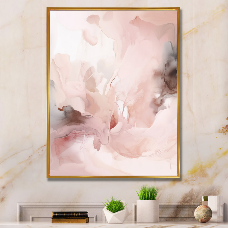 Rose délicat abstrait marbre III - art mural abstrait en marbre, H 20 po x l 12 po x P 1 po, Cadre flottant doré
