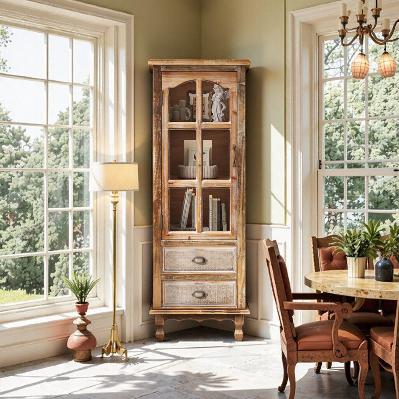 Armoire de rangement rustique avec porte découpée et tiroirs, grand organisateur étroit, Blanc ancien