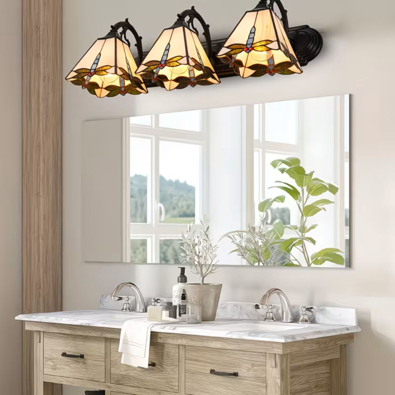 Lampe de table de style victorien avec trois lumières, luminaire mural teinté rétro avec un design de libellule, convenant à une utilisation intérieure dans les salles de bain, les salons, les chambres et les couloirs