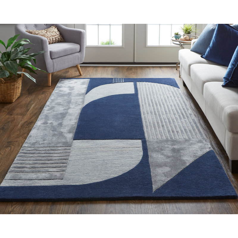 Hithin Handmade Tufted Navy Blue/Silver Gray Area Rug, Rectangle 3'6" x 5'6"