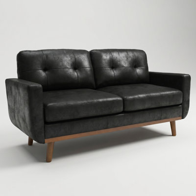 65" Mid-Century Modern Loveseat, Bronzing Suede Upholstered 2-Seater Sofa With Tufted Back And Wood Legs, Black