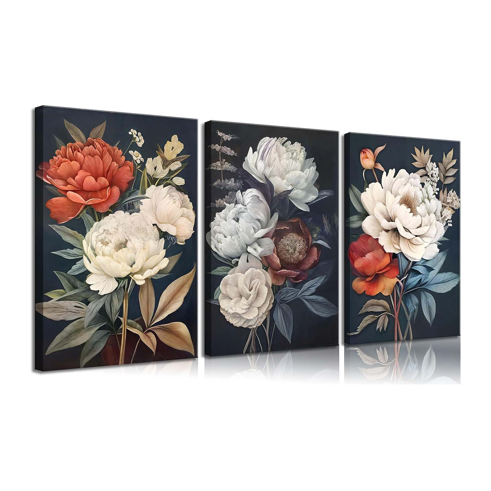 Ophelia & Co. 3Pcs Vintage Flower Peony Still Life Canvas Wall Art Dark ...