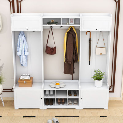 Modern Hall Tree with Storage Cabinets, Adjustable Shelves, Hooks, and Bench Seating for Entryway