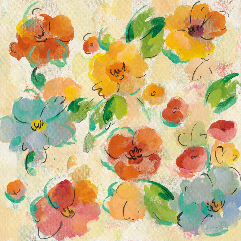 Trio floral ludique III, H 20 po x l 20 po, Reproduction avec cadre noyer, Blanc