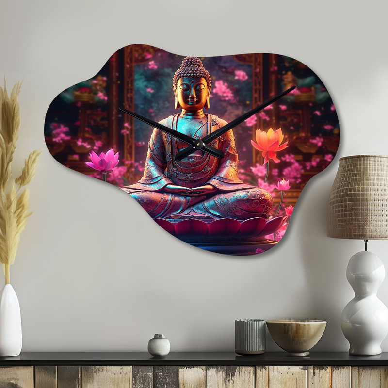 Starlight Buddha I - Landscape Unique Shape Metal Wall Clock, Pink Freeform Metal Clock Print, Large