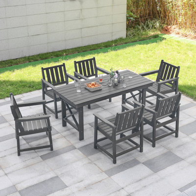 Ensemble de salle à manger d'extérieur 7 pièces en PEHD, ensemble de salle à manger de patio avec trou pour parasol, ensemble de table d'extérieur toutes saisons pour 6 personnes, ensemble de meubles de patio en PEHD pour terrasse, cour, pelouse et b