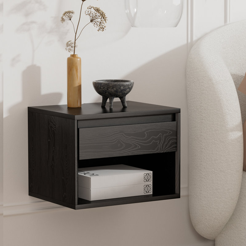 Table de chevet flottante moderne avec tiroir et tablette ouverte, Chêne clair, Individuel