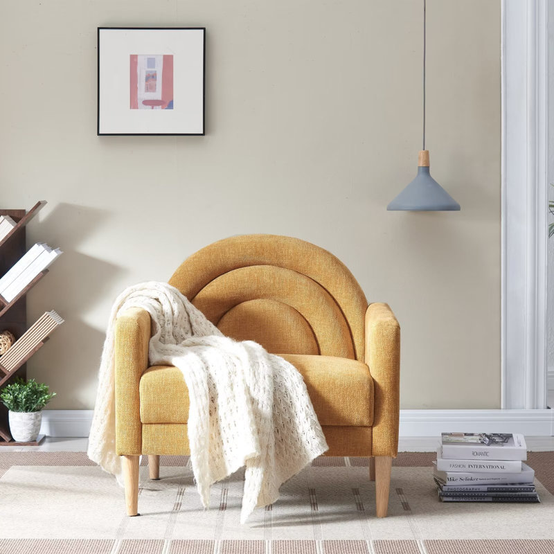 Linen Upholstered Accent Chair with Rainbow-Inspired Backrest and Wood Legs, Yellow, Yellow