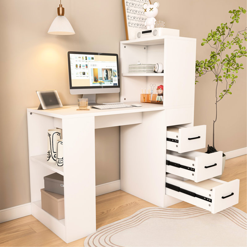 Bureau moderne blanc avec 3 tiroirs et 41 niveaux de rangement ergonomiques intégrés