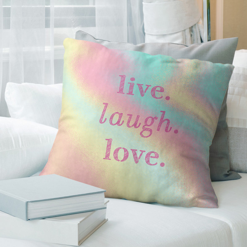 Oreiller de noël d’amour à rire live, 14 po x 14 po, Arc-en-ciel pastel, Polyester/ Bourre en polyester