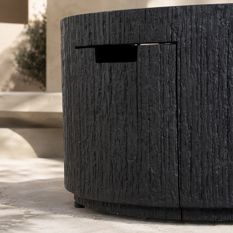 Table basse d'extérieur ronde au propane de 89,3 cm (35,19 po), 50 000 BTU, aspect bois, avec compartiment dissimulé pour la bouteille de propane.