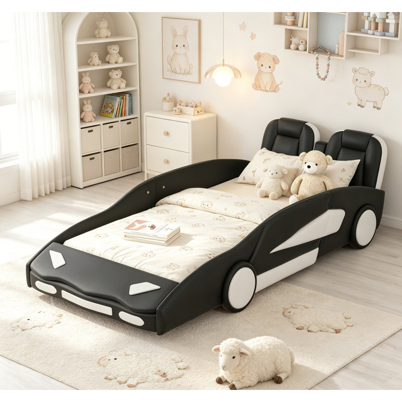 Lit plateforme simple en forme de voiture de course avec roues, durable et élégant pour les jeunes amateurs de course, Black