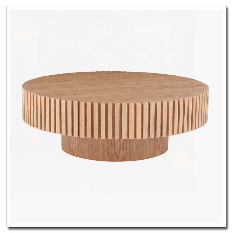 Round Coffee Table with Sturdy Pedestal, 13.42" H x 39.37" L x 23.62" W, Natural Ash