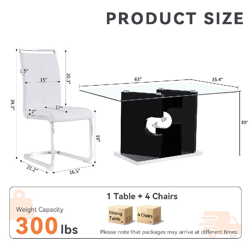 Ensemble de table de salle à manger 63 ", ensemble de table de salle à manger en verre avec pieds à structure ouverte et chaises en similicuir
