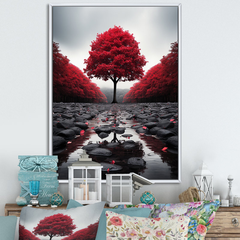 Red And Grey Forest Serenity - Floral Canvas Prints, White Floater Framed, 32" H x 16" W x 1" D