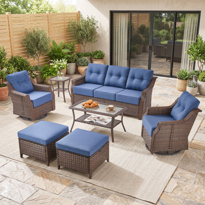 Ensemble de conversation de qualité supérieure en rotin de patio 7 pièces avec chaises longues à assise profonde et pivotantes à 360 ° de 6 po d'épaisseur, ensemble de meubles toutes saisons