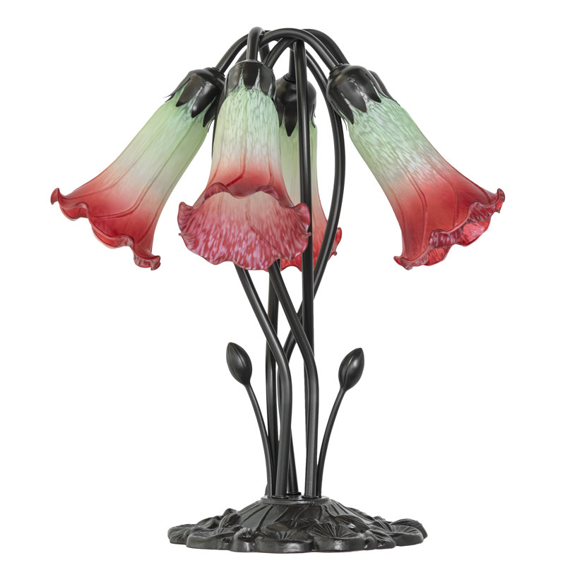 16" High Red/Seafoam Tiffany Pond Lily 5 Light Table Lamp