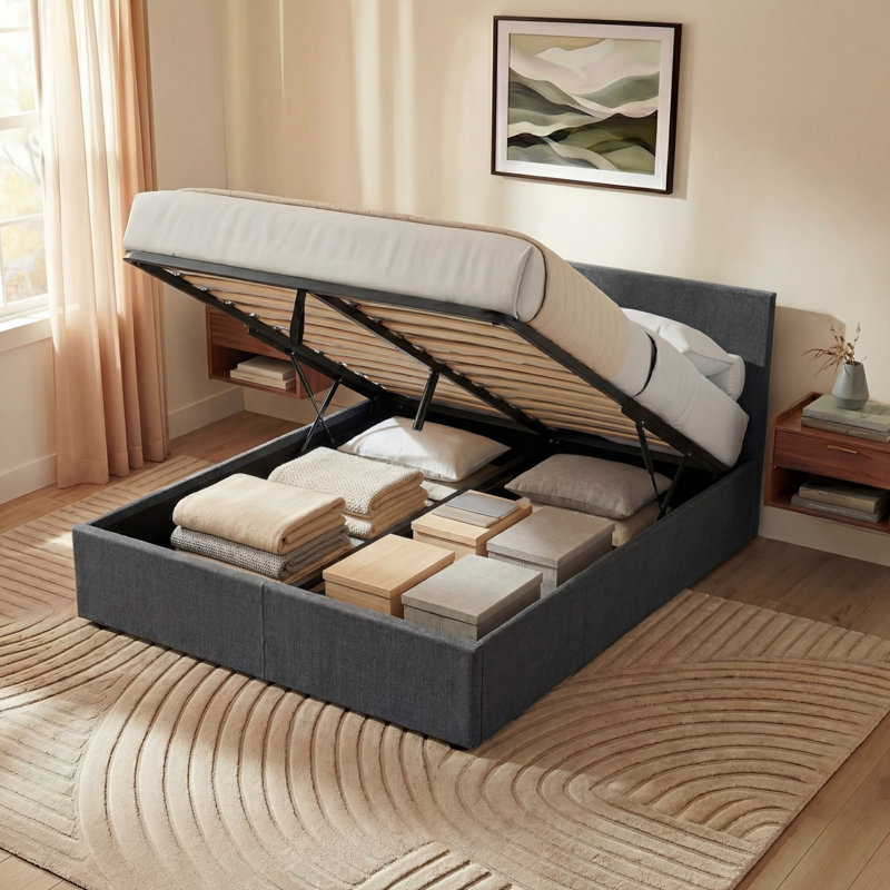 Enya Upholstered Ottoman Bed, Dark Grey, Kingsize (5')