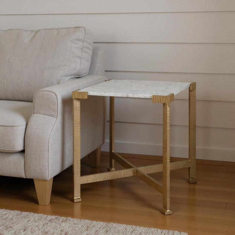 Table de bout carrée en marbre et fer vieilli 20 po blanc et or