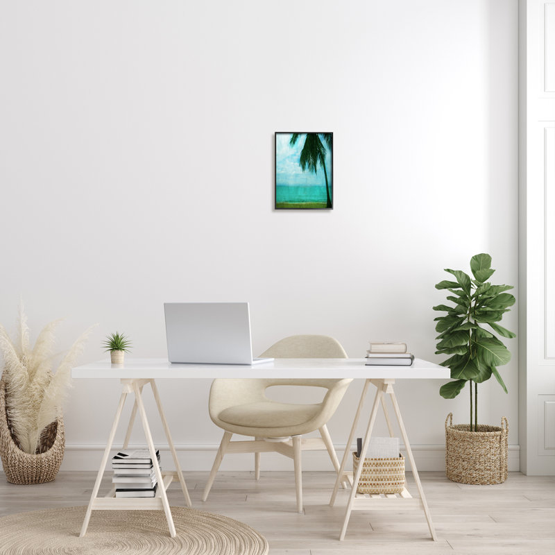 Tropical Coast Palm Tree Silhouette, H 14 po x l 11 po x P 1,5 po, Giclée encadrée noir minuit
