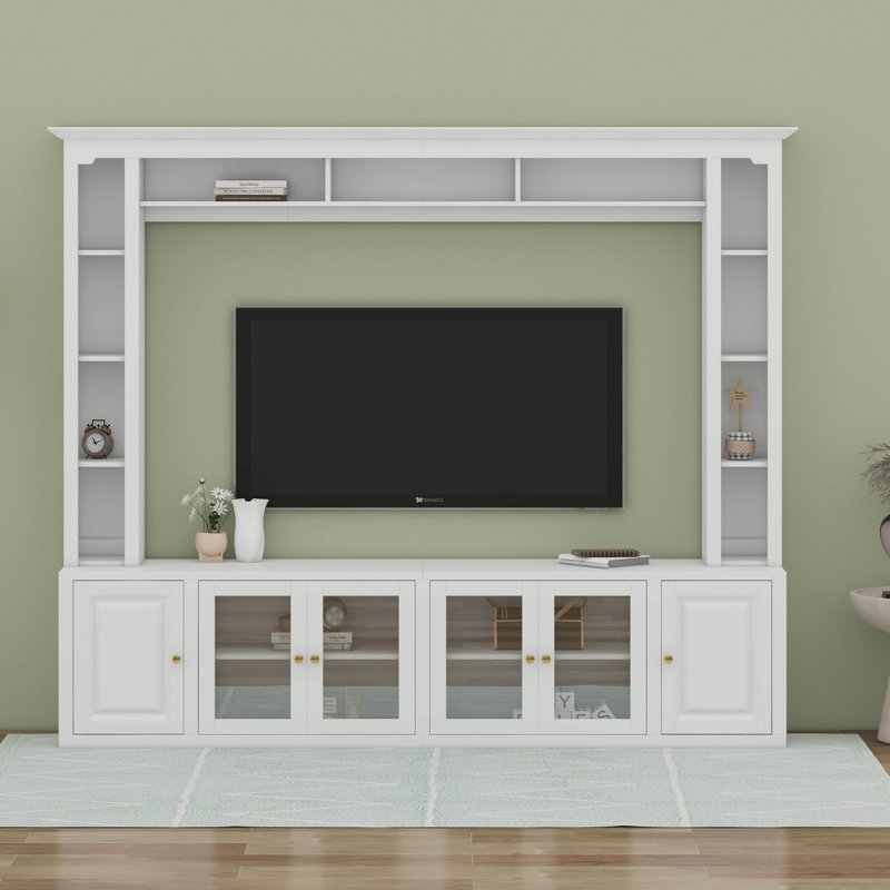 Meuble audio-vidéo 4 pièces, console multimédia avec tablette réglable et porte en verre trempé, Blanc