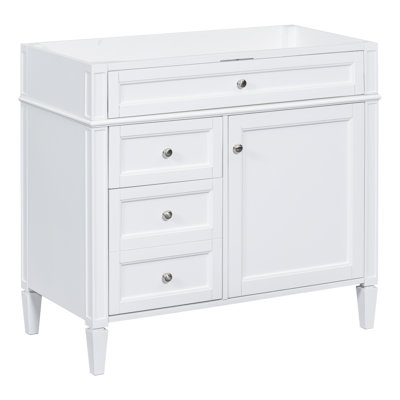 Meuble-lavabo de 36 po sans lavabo. Armoire de rangement moderne. 2 tiroirs et tiroir rabattable. Structure en bois massif. Fiable. Blanc. Diverses fonctions de rangement. Organisateur de porte. Dessus à poignée texturée de 36 po