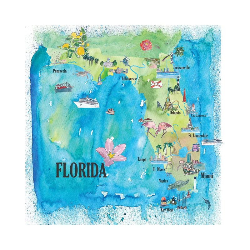 Florida Travel Poster 1 Piece Wrapped Canvas Wall Art, 45.72 cm H x 45.72 cm W