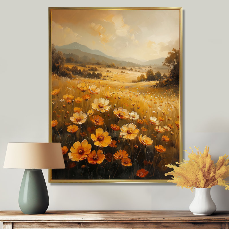 Or jaune jaune vert Sunlit Meadow II - Buttercups, art mural, H 44 po x l 34 po x P 1,5 po, Toile avec cadre flottant or