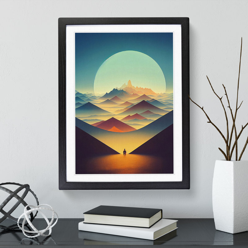 Abstract Art Mountain Sunset No.3 - Framed Print, 46cm H x 34cm W, Black