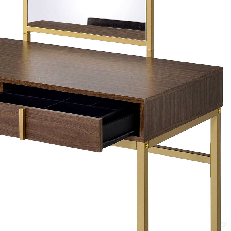 Vanity Desk W/Mirror & Jewelry Tray, Gold/Walnut
