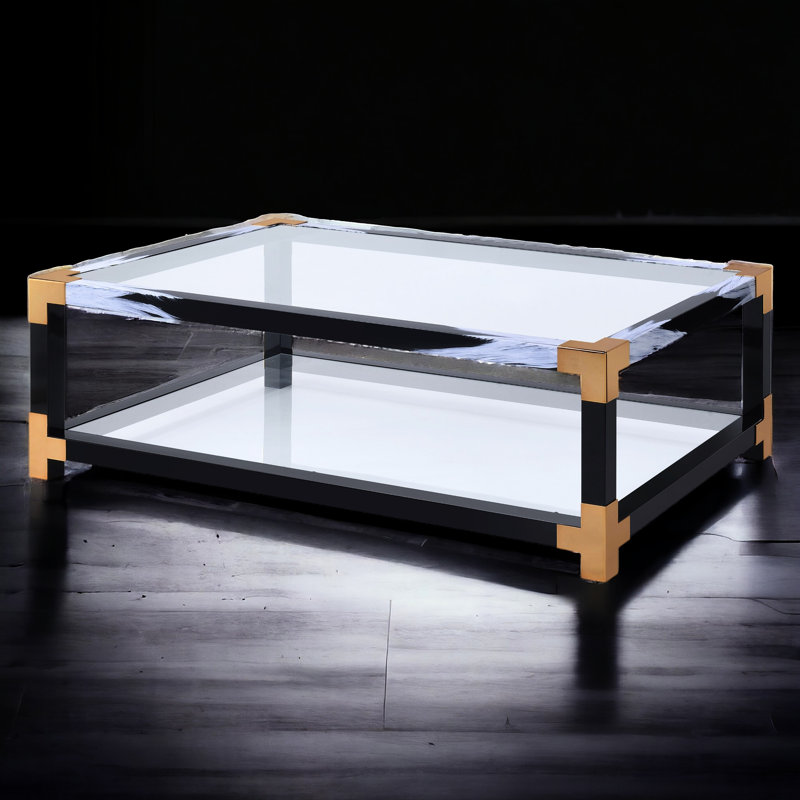 Table basse contemporaine avec plateau en verre avec pieds en métal et tablette ouverte