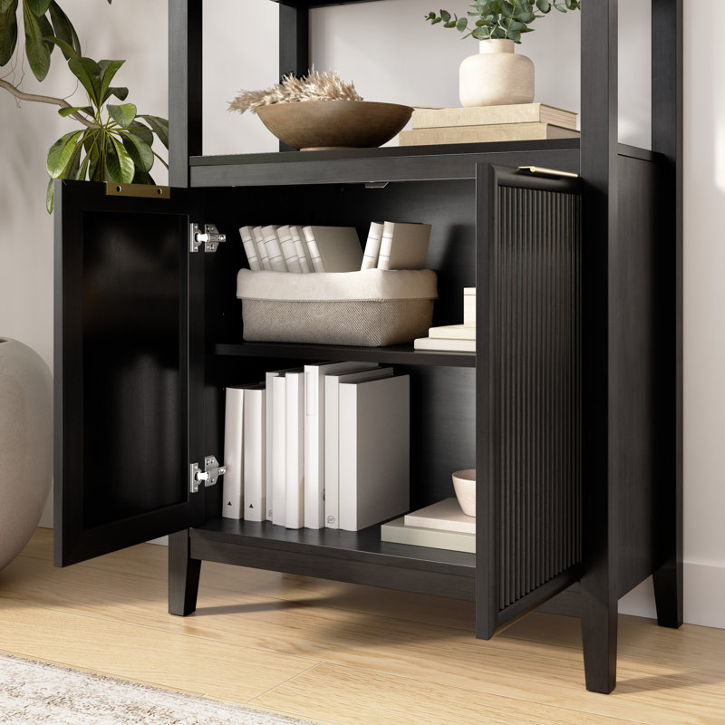 Bibliothèque à 5 tablettes avec portes, conception cannelée, armoire de rangement haute, bois moderne, bouleau onyx