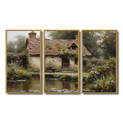 Mystérieuse maison de campagne rustique près de l'étang - ensemble d'art mural imprimé campagne