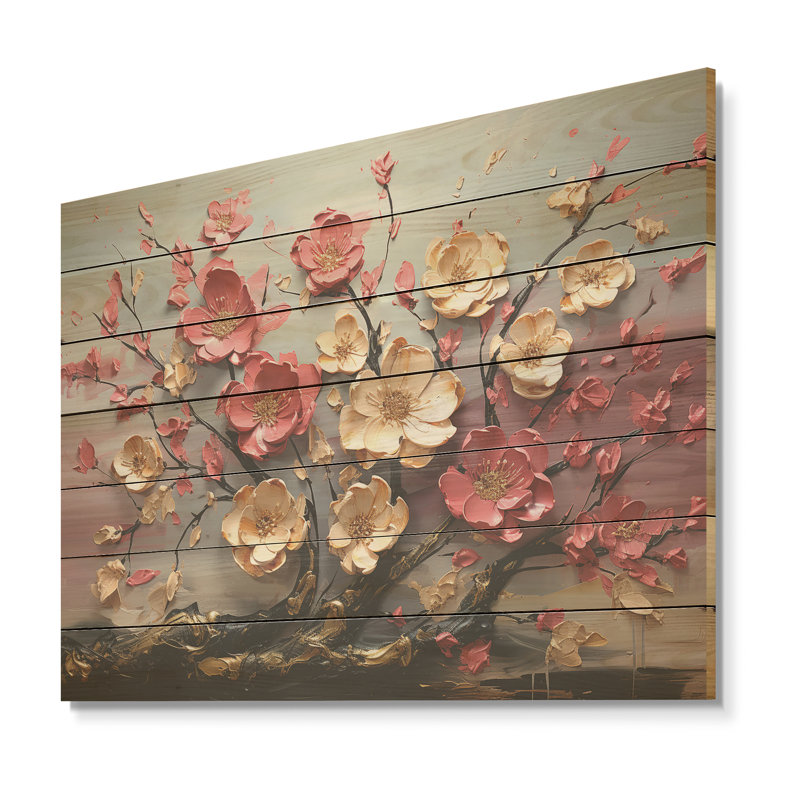 Élégant arbre floral orchidée rose et blanc II - motif floral abstrait sur bois, H 24 po x l 32 po