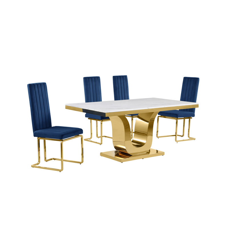 Ensemble de salle à manger rectangulaire en marbre blanc L 66 po x l 38 po Zekiah, 5, Bleu marine