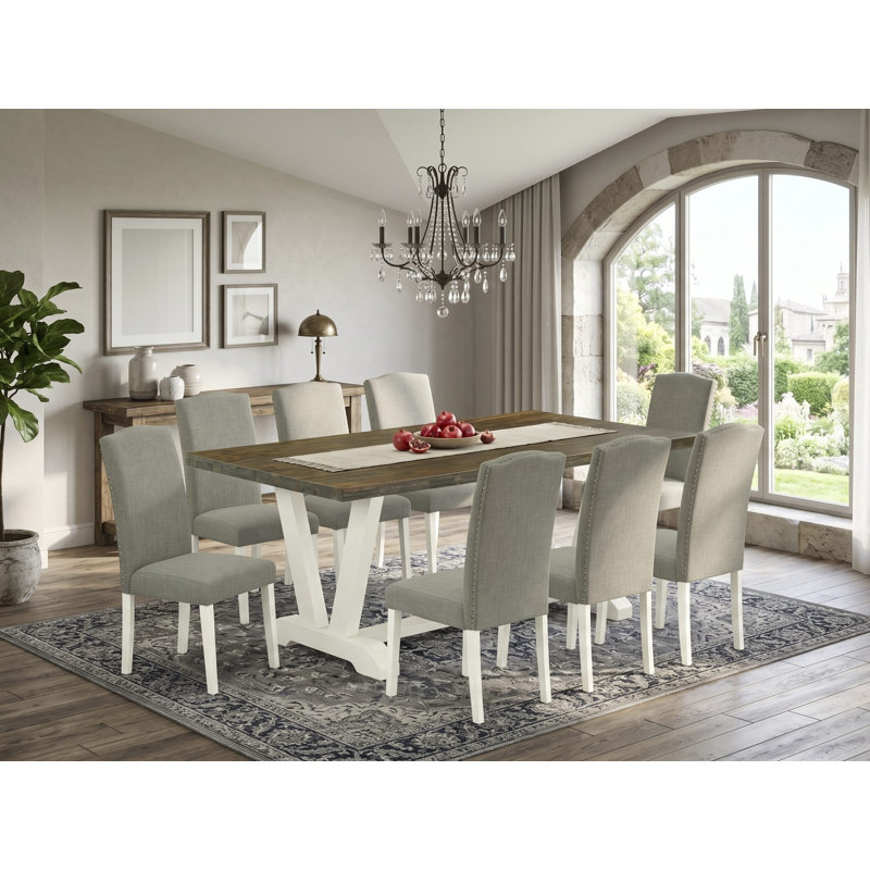 Ensemble de table de salle à manger 9 pièces moderne comprenant une table rectangulaire en bois avec pieds en V et 8 chaises Parsons en tissu Shitake foncé en lin brossé blanc