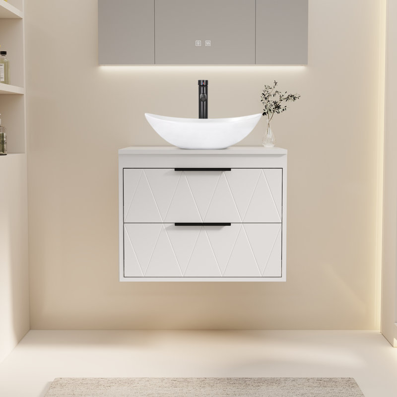 Sharee 24" Wall Mounted Single Bathroom Vanity with Ceramic Vessel Sink, Manufactured Wood Top, Faucet, Drain, White, Oval