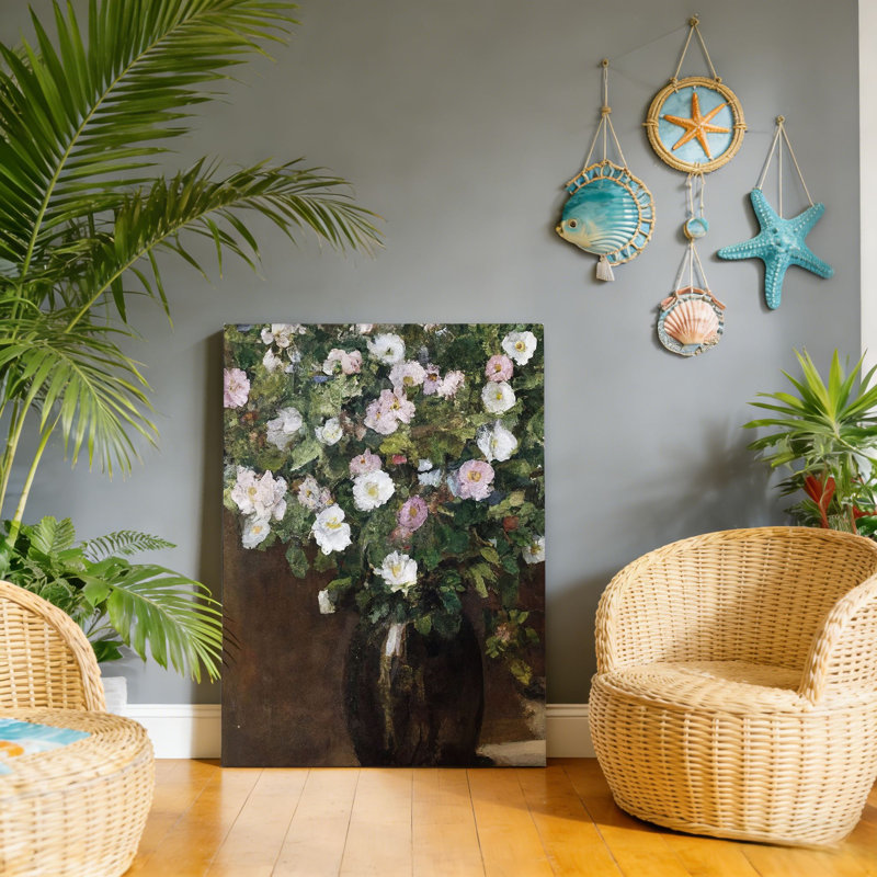 Roses roses et blanches dans un vase, art mural à cadre en bois à l'arrière, 30 L x 20 l