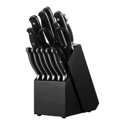 Ensemble de couteaux de cuisine avec bloc et aiguiseur, ensemble de couteaux tranchants en acier inoxydable à haute teneur en carbone de 15 pièces, coutellerie de cuisine avec poignée résistante aux fissures, tige d'affûtage et bloc en bois, pour cuisiniers à domicile