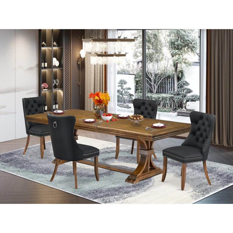L'ensemble de table de cuisine 5 pièces se compose d'une table de salle à manger moderne et de 4 chaises de salle à manger en tissu de polyester gris foncé avec dossier capitonné - Finition noyer antique