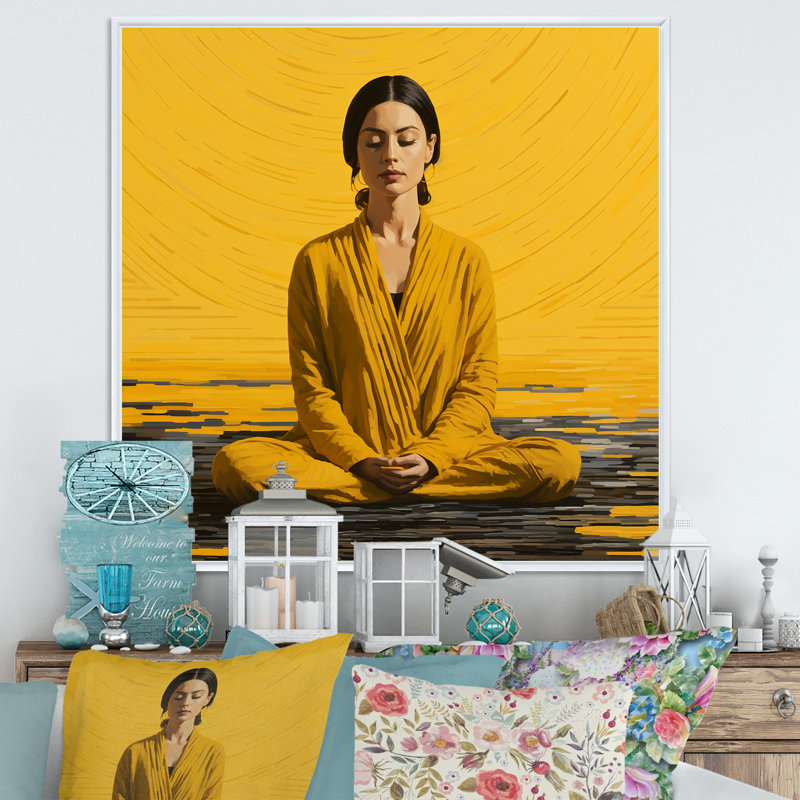 Art méditation jaune et gris - méditation, Cadre flottant blanc, H 30 po x l 30 po x P 1,5 po