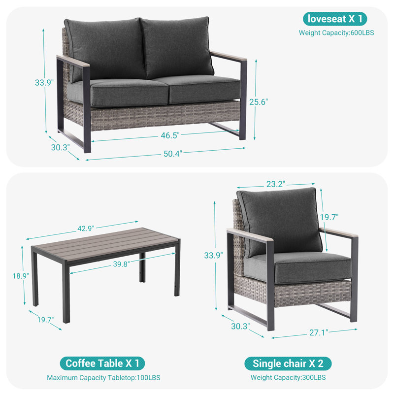 Ensemble 4 pièces canapé-lit de patio avec table basse, Noir gris