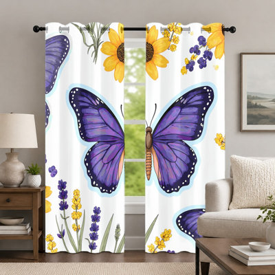 2 pièces de rideaux de papillon et de tournesol mauves, rideau de style floral, rideaux à œillets imprimés à thème nature vibrante, habillage de fenêtre pour le décor de la chambre à coucher