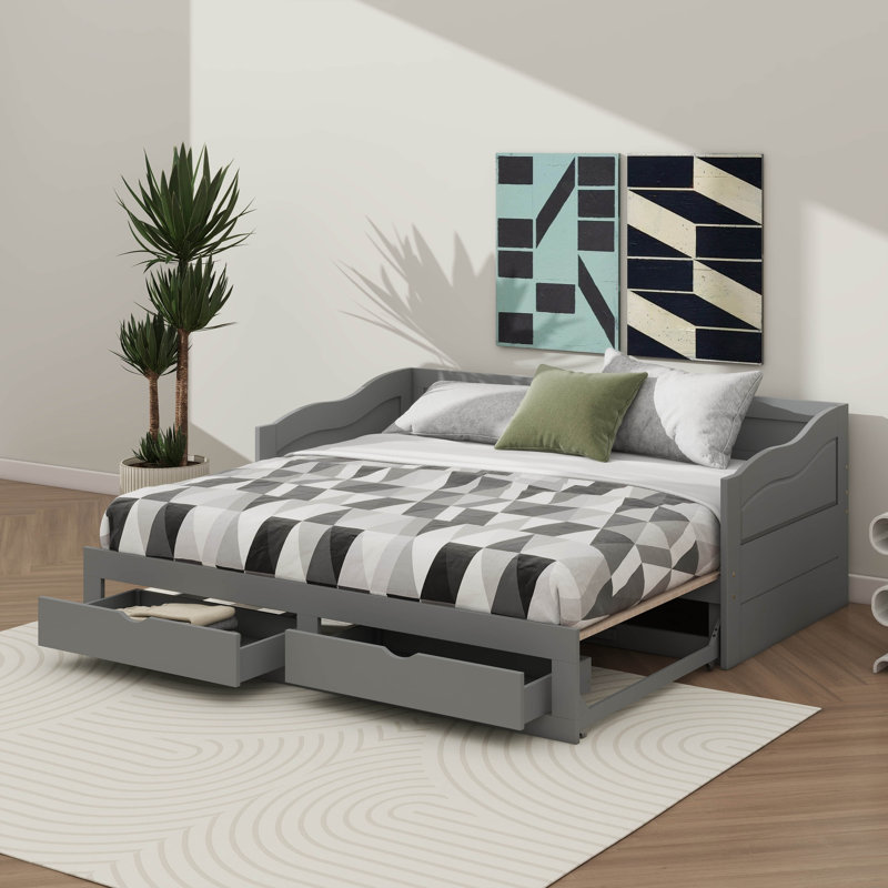 Wooden Twin Daybed With Pull-Out Trundle And Dual Storage Compartments, Extendable Daybed Structure, Gray