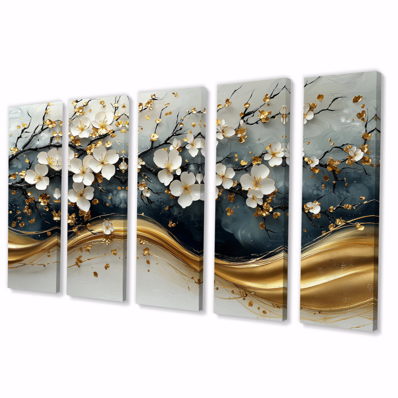 Or cerisier en fleurs près de la rivière - ensemble d'art mural fleur de cerisier, H 28 po x l 60 po