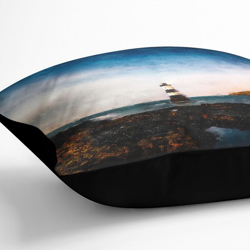 Lighthouse and Seascape at Dusk Painting Cushion with Filling, 40cm H x 40cm W x 15cm D, Black