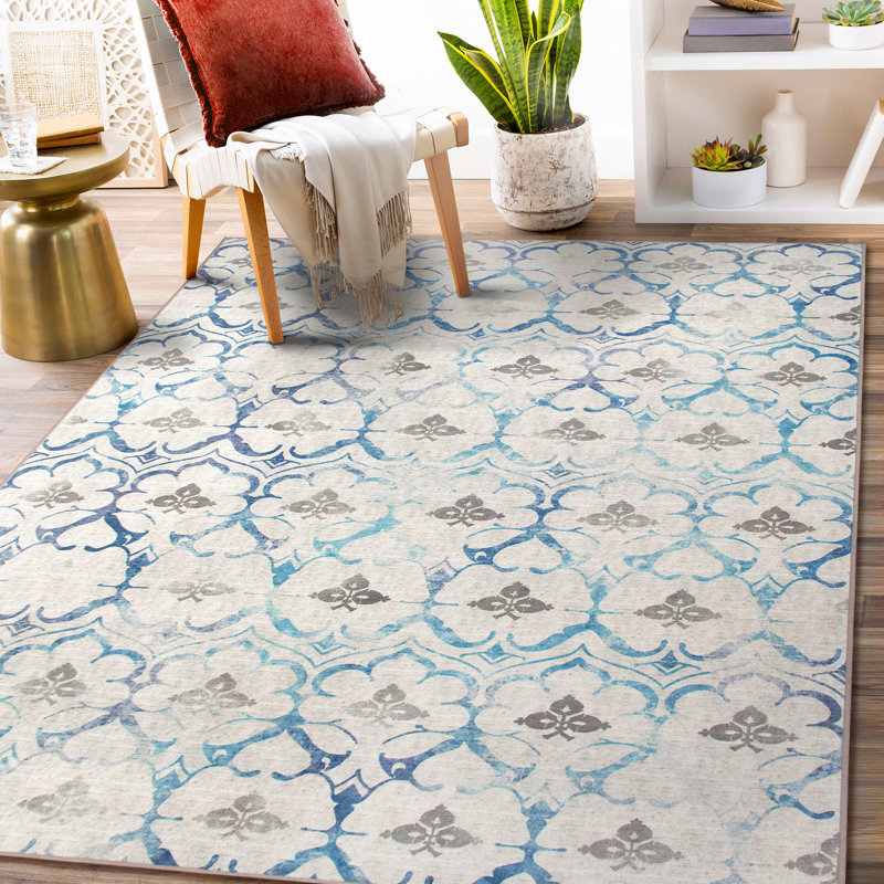 Beige Blue Floral Synthetic 5' x 7' Washable Area Rug