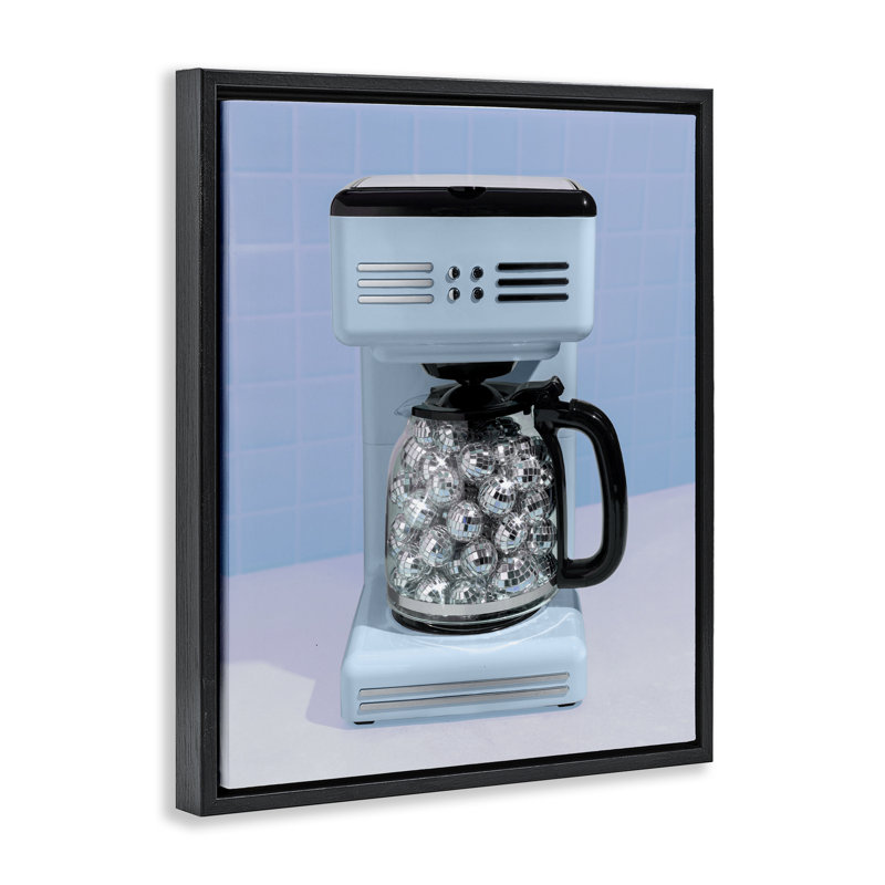 Machine à café disco sur cadre flottant bleu, design par Lish Creative, 21 x 17, Jet Black Floater Framed
