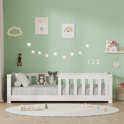 Furniturehmd White Childrens Bed With Slat Support & Enclosure Guardrails, Solid Pine Wood Construction, Safe Toddler Bed Frame For Bedroom,80X160cm