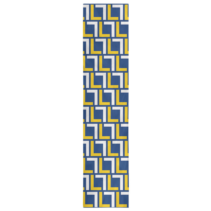 Chemin de table géométrique, 72 po x 16 po, Bleu royal / or / blanc, polyester